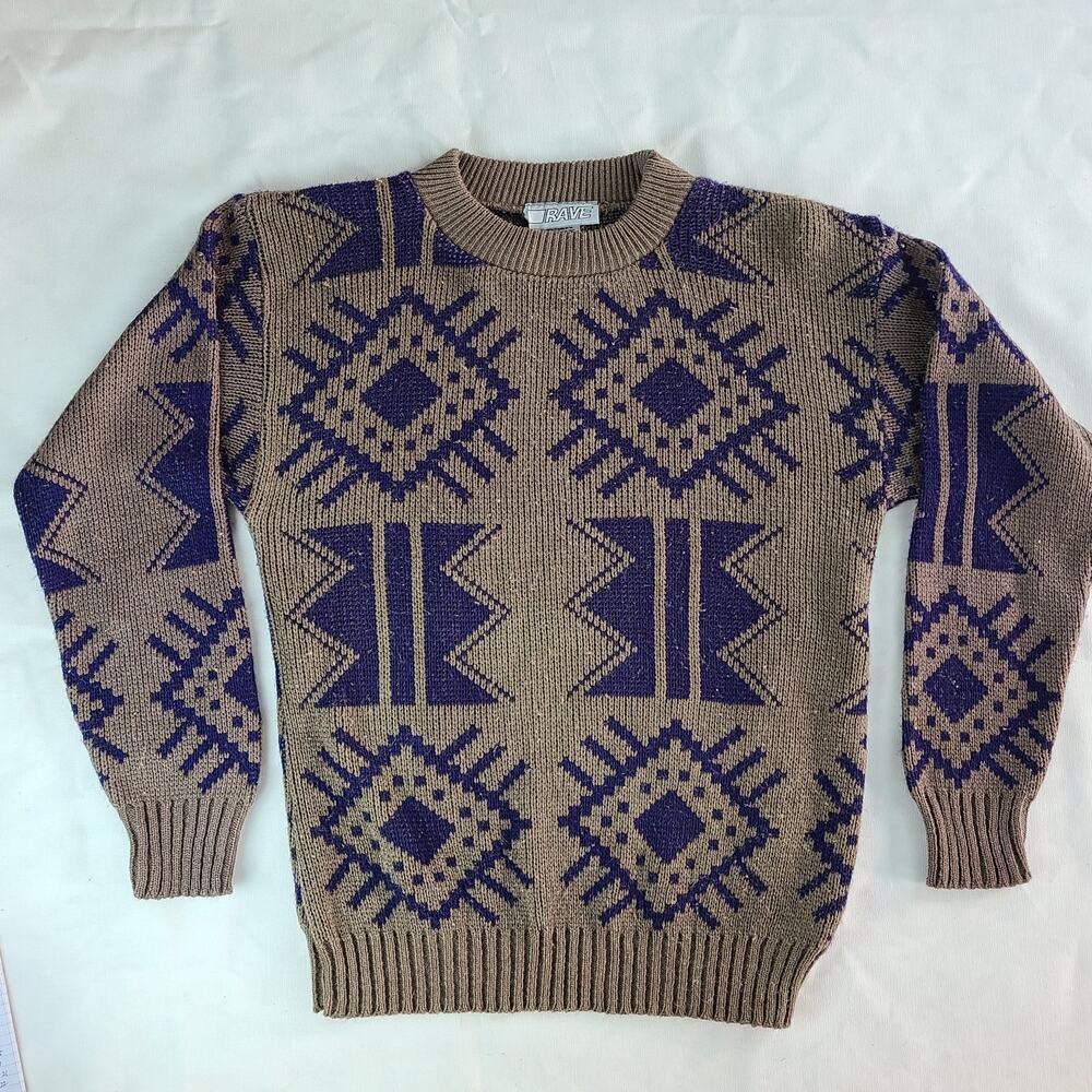 Vintage 90's taupe purple tribal Aztec crew knit sweater womens Small